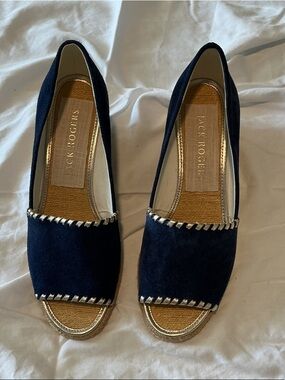 Never worn Jack Rogers Navy Suede Peep-Toe Flats with Gold Trim size 9